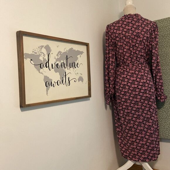 Boden Black & Pink Floral Long Sleeve Belted Midi Shirt Dress Size 10 - Picture 7 of 10